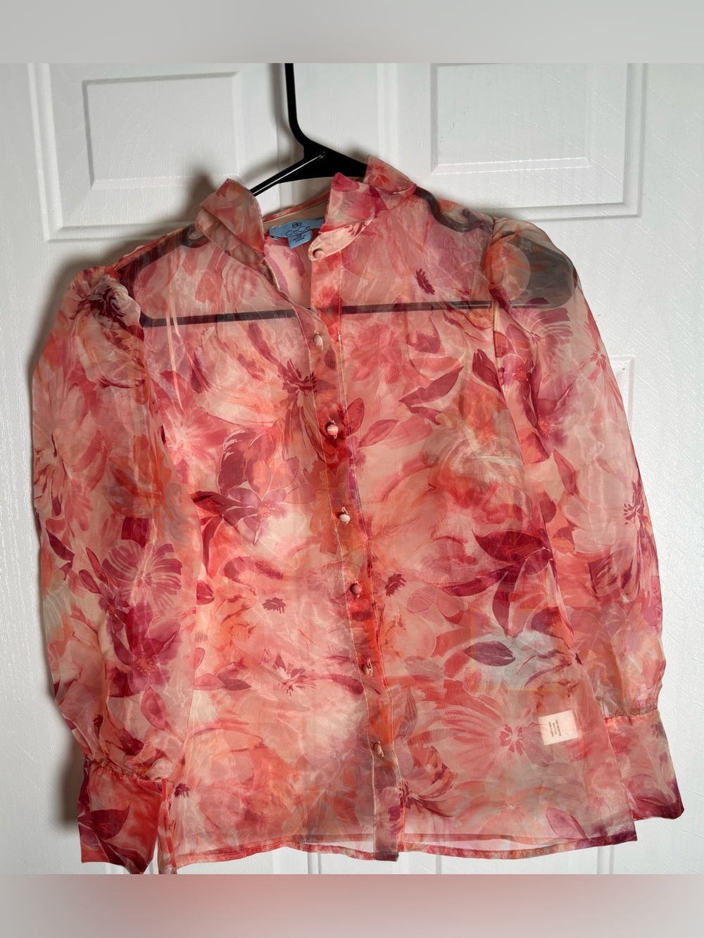 CeCe Sheer Floral Blouse in Coral & Pink Wash XS